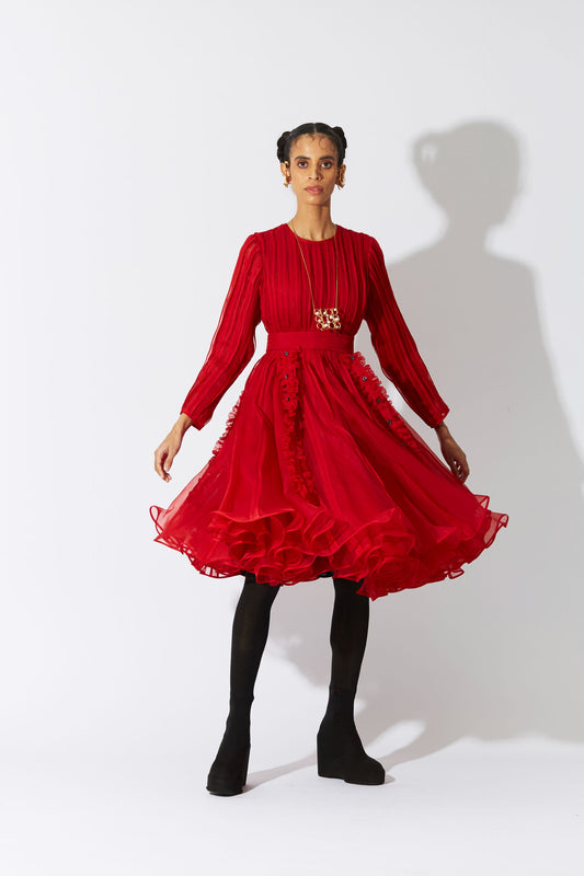 BOTTLEBRUSH ORGANZA DRESS IN RED