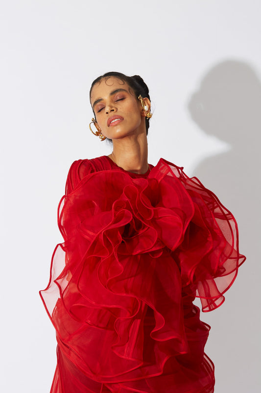 BOTTLEBRUSH ORGANZA DRESS IN RED