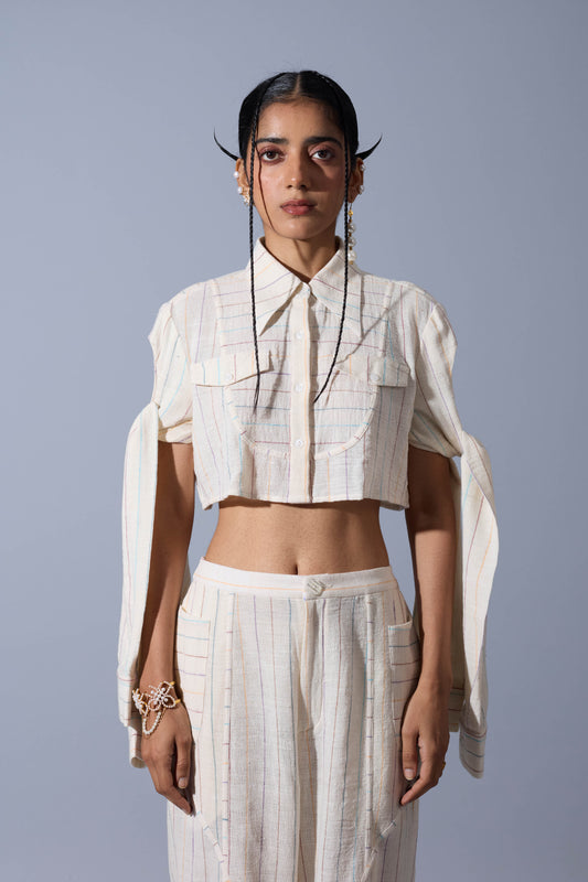 CROPPED TIE-UP SLEEVE SHIRT IN LINEN